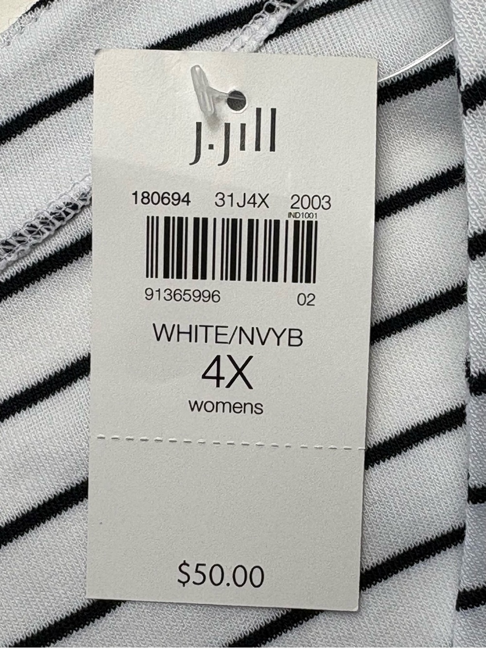 NWT J Jill Pima Cotton 3/4 Sleeve V-Neck Striped Tee Top White Midnight Blue 4X - Picture 9 of 9